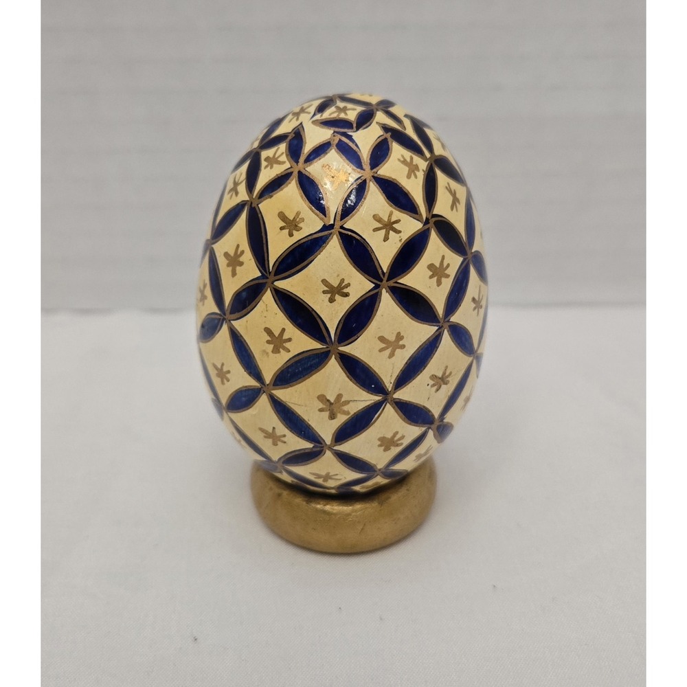 Hand-Painted Wooden Decorative Egg-Vintage Cobalt Net Style Slavic Folk Art